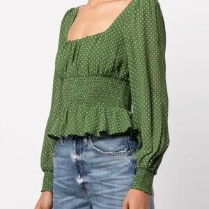Reformation Women Hearth Long Sleeve Top Peat Green Size 12 Polkadot, Smocking.